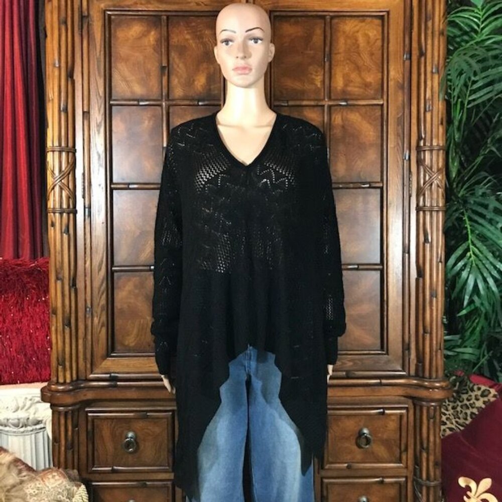 Romeo & Juliet Couture Black Crochet Asymmetrical Drape V-neck Sweater